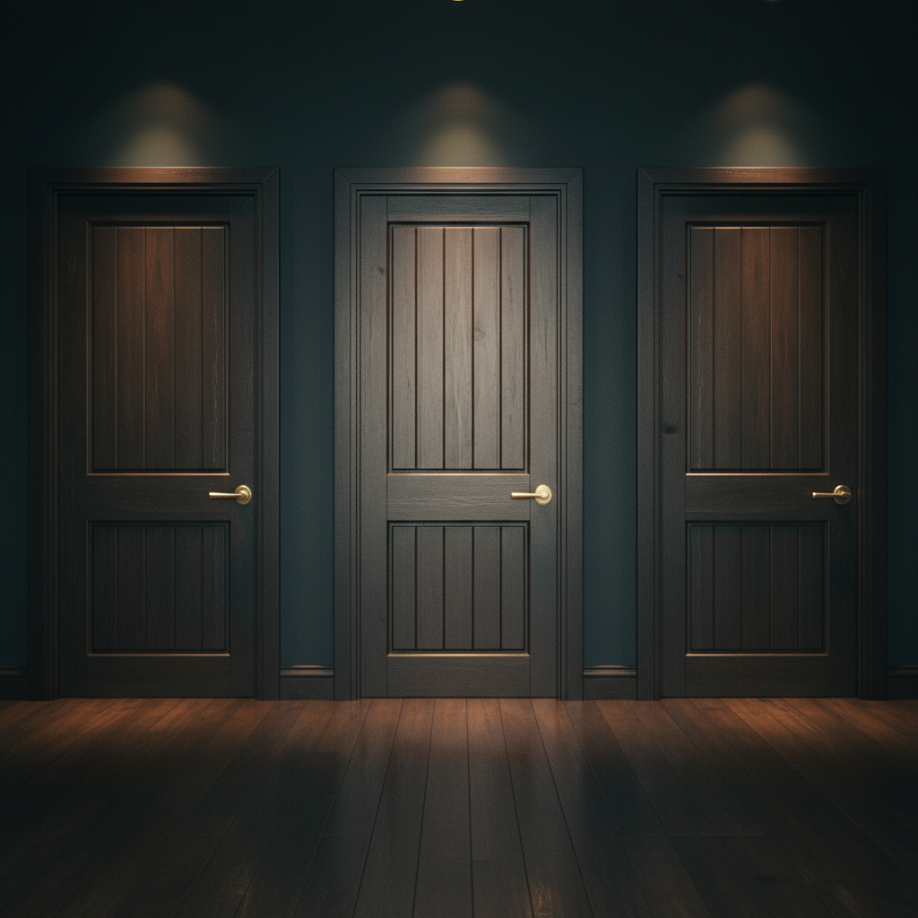 Three identical dark doors in a low-lit antechamber, viewed at eye level.
