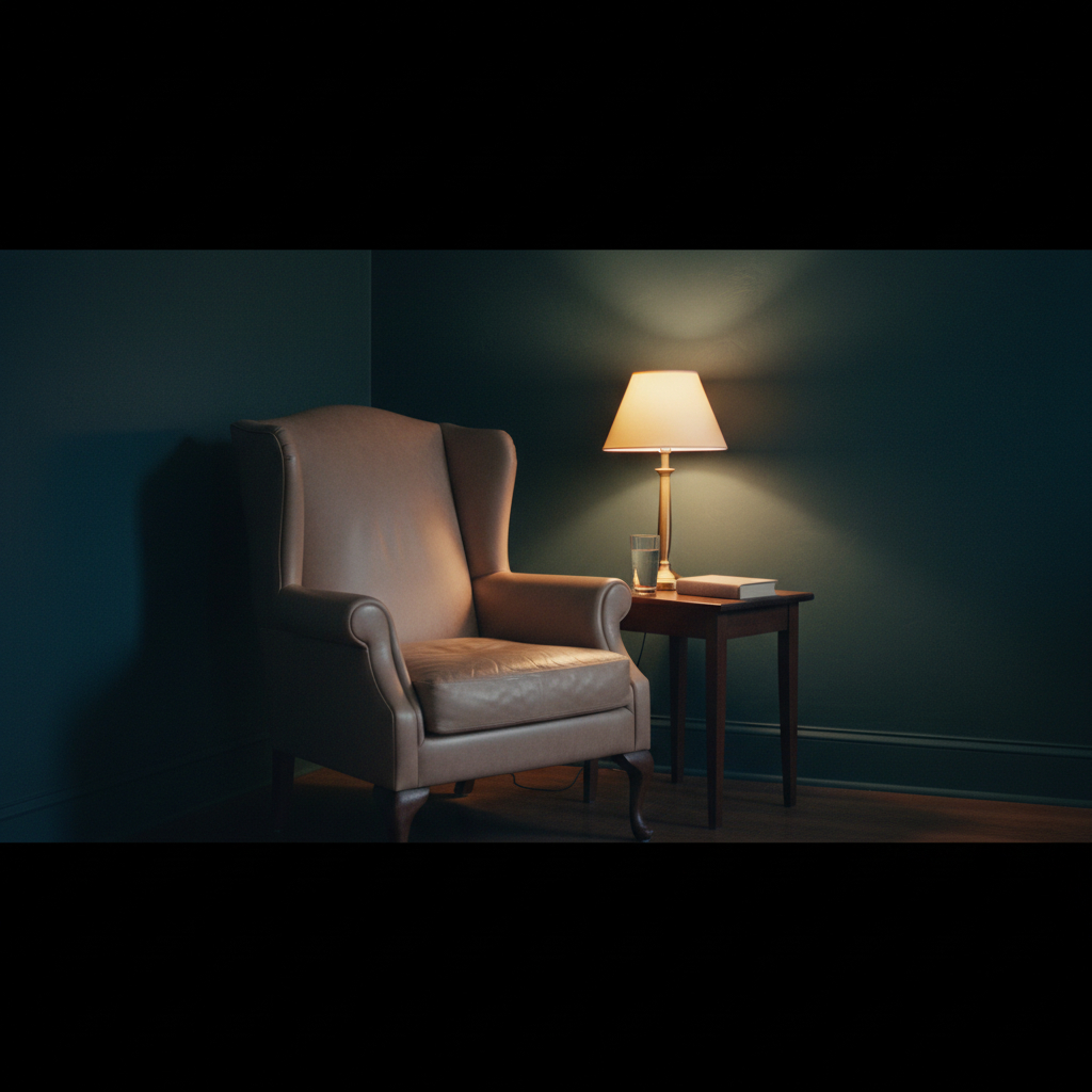 A single empty chair in a pool of warm light.