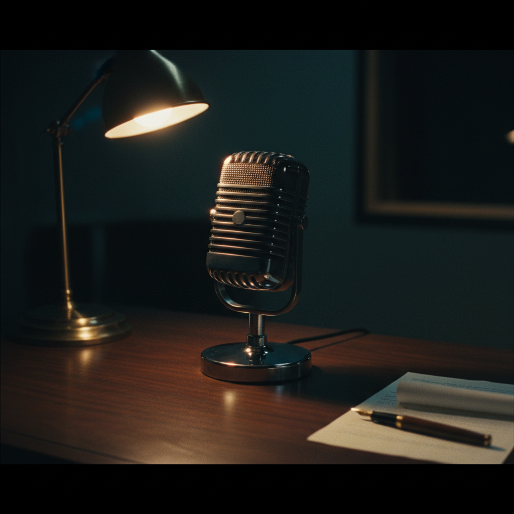 A vintage microphone in a pool of lamplight on a dark desk — the sense of a room being listened to.