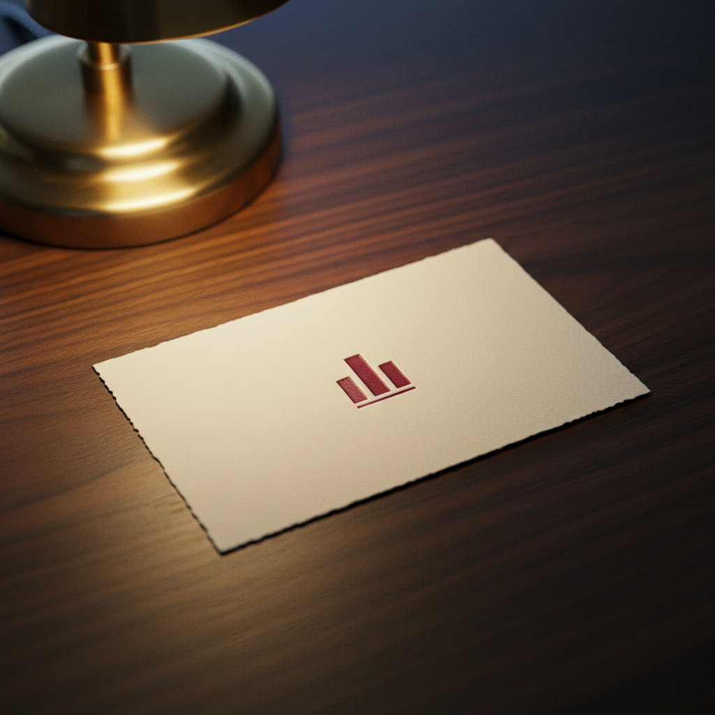 A single cream profile card resting on a dark walnut surface in low light.