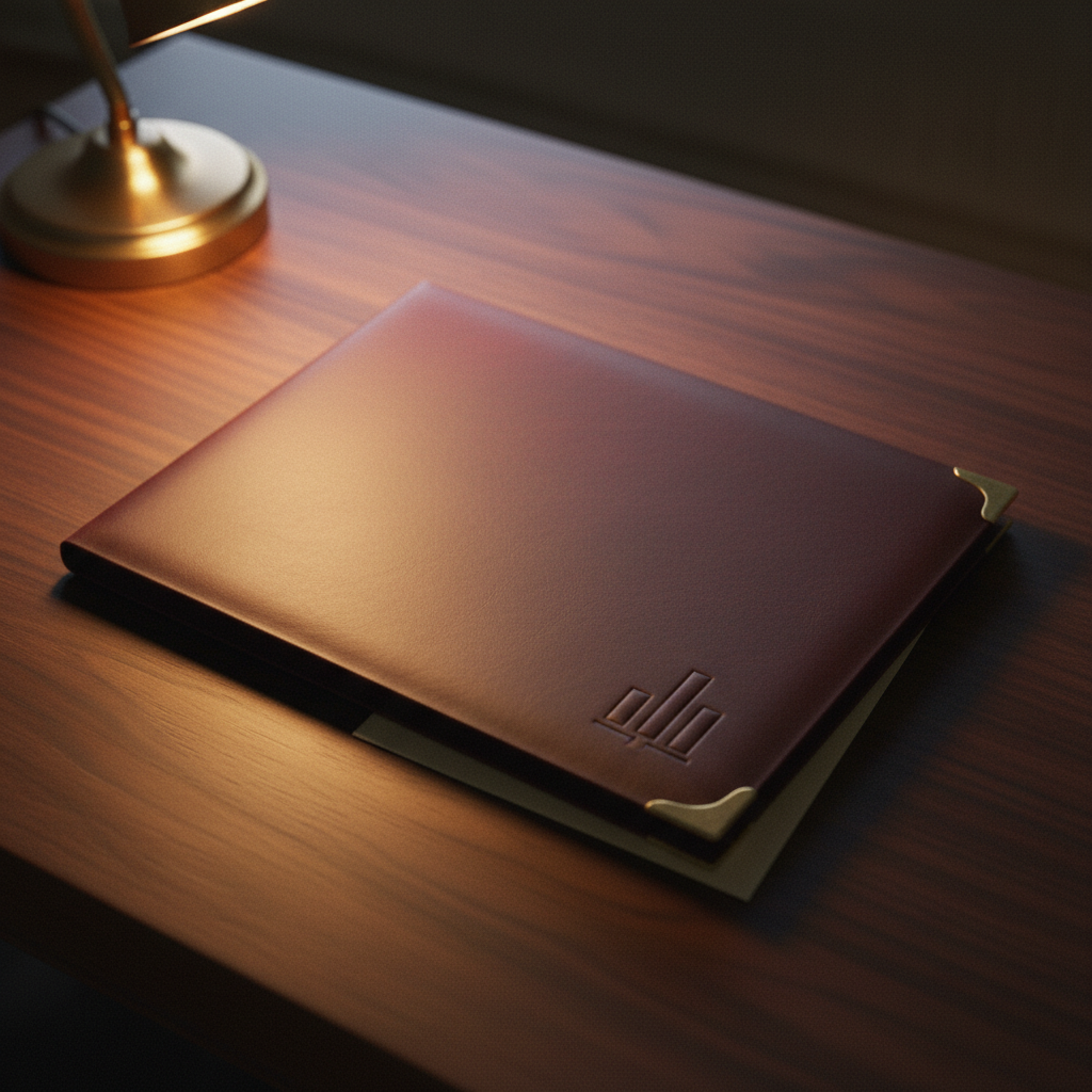 A dark cordovan leather dossier embossed with the three-bar mark.