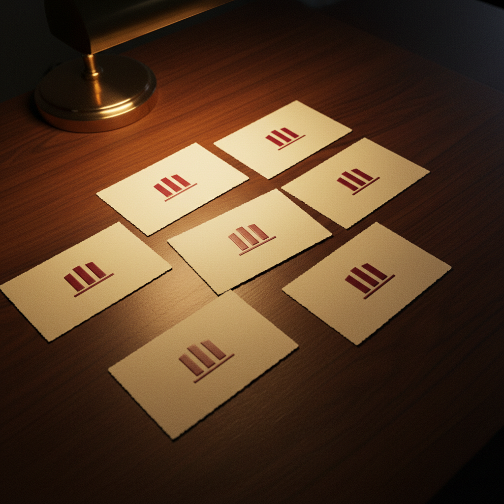 Six cream cards fanned out on a dark walnut surface — one for each FRINGE role.
