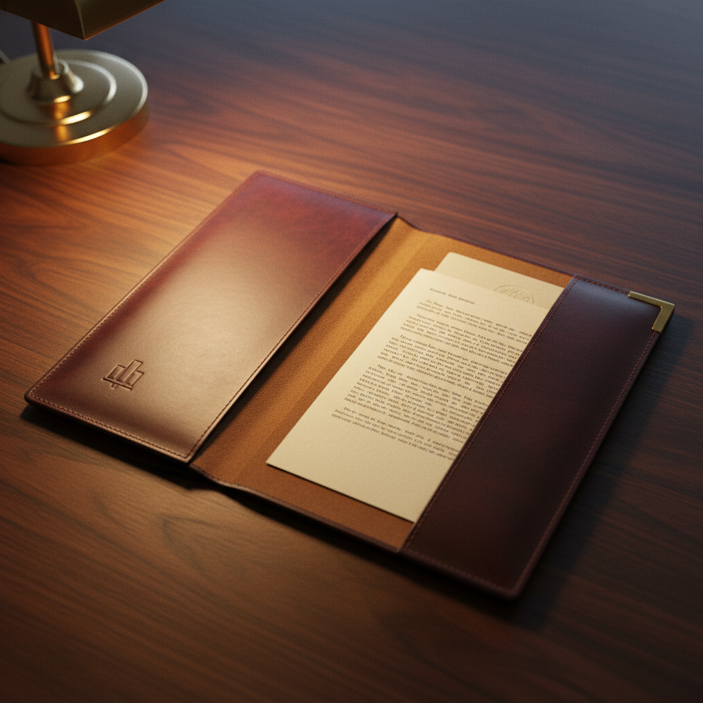 An open portfolio on a dark walnut surface — a FRINGE team report laid out on cream stock.