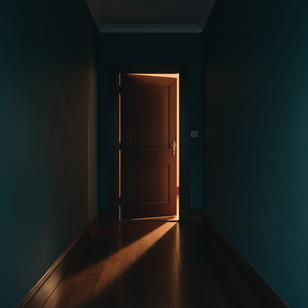 Warm light spilling through an open doorway into a dark, quiet corridor.