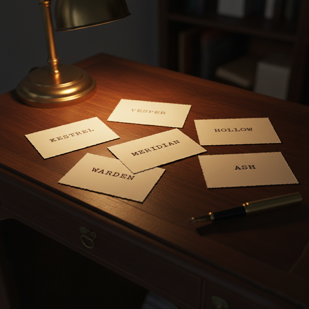 A spread of designation cards laid out on a dark surface in low light.