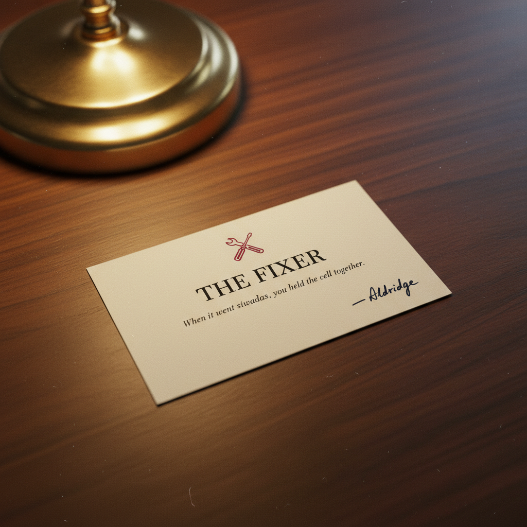 A designation card resting on a walnut desk — “The Fixer”, with its tagline and a handler's signature in ink.