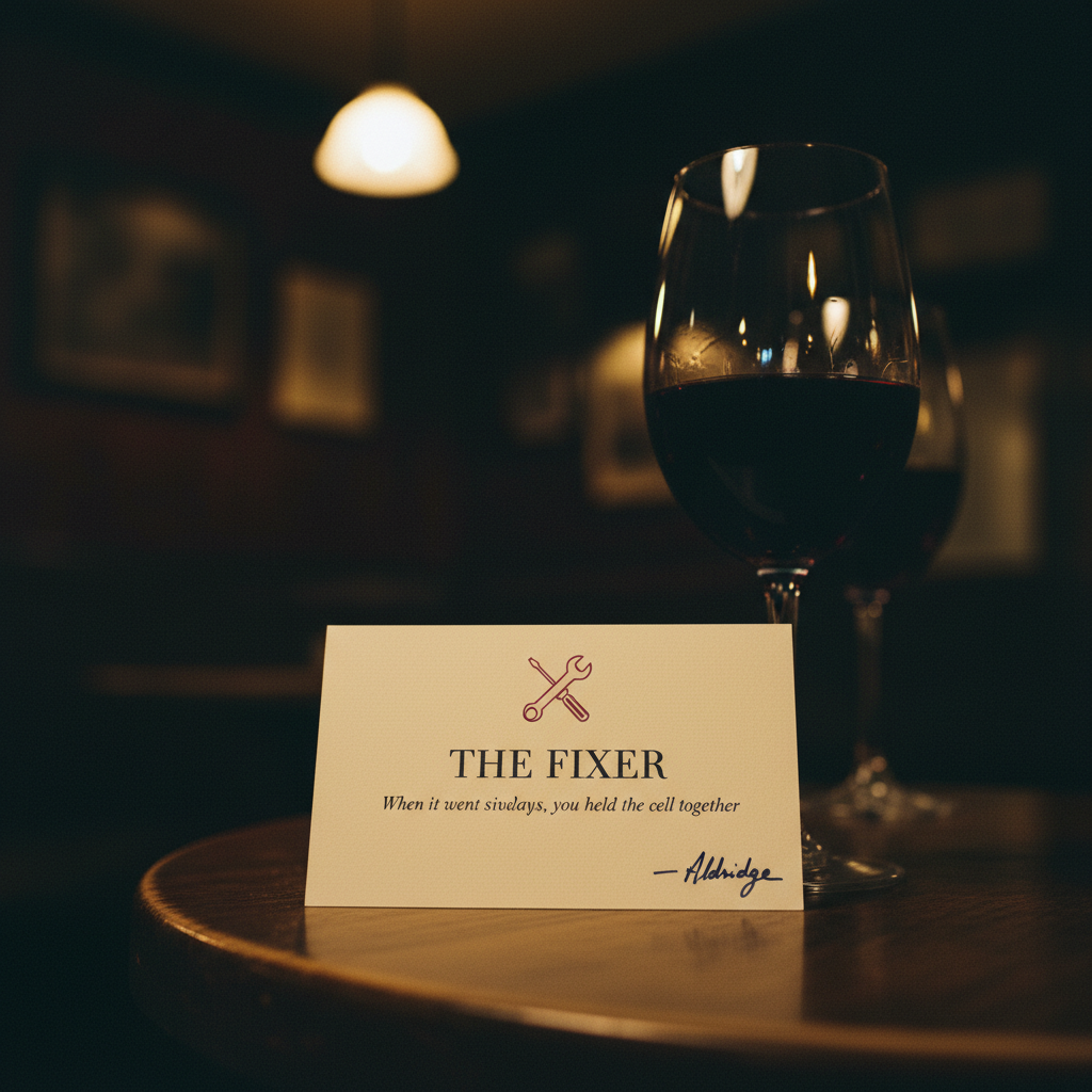 A designation card standing on a pub table beside a glass of red wine.