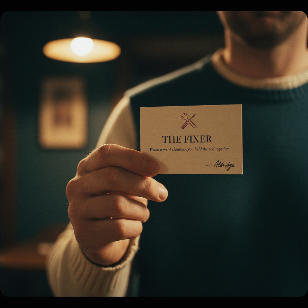 A player holding up their designation card — “The Fixer” — in a low-lit room.