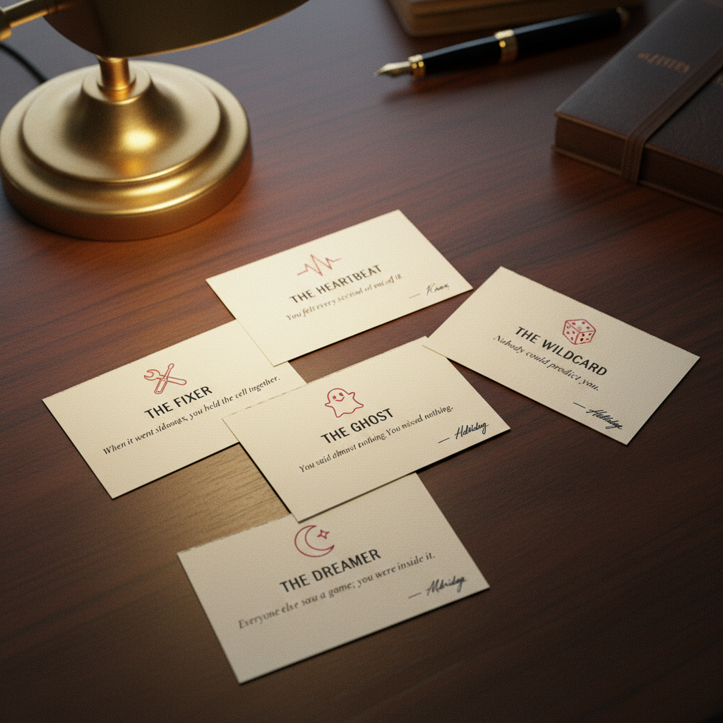 Five designation cards fanned out on a desk — The Fixer, The Heartbeat, The Ghost, The Wildcard and The Dreamer.