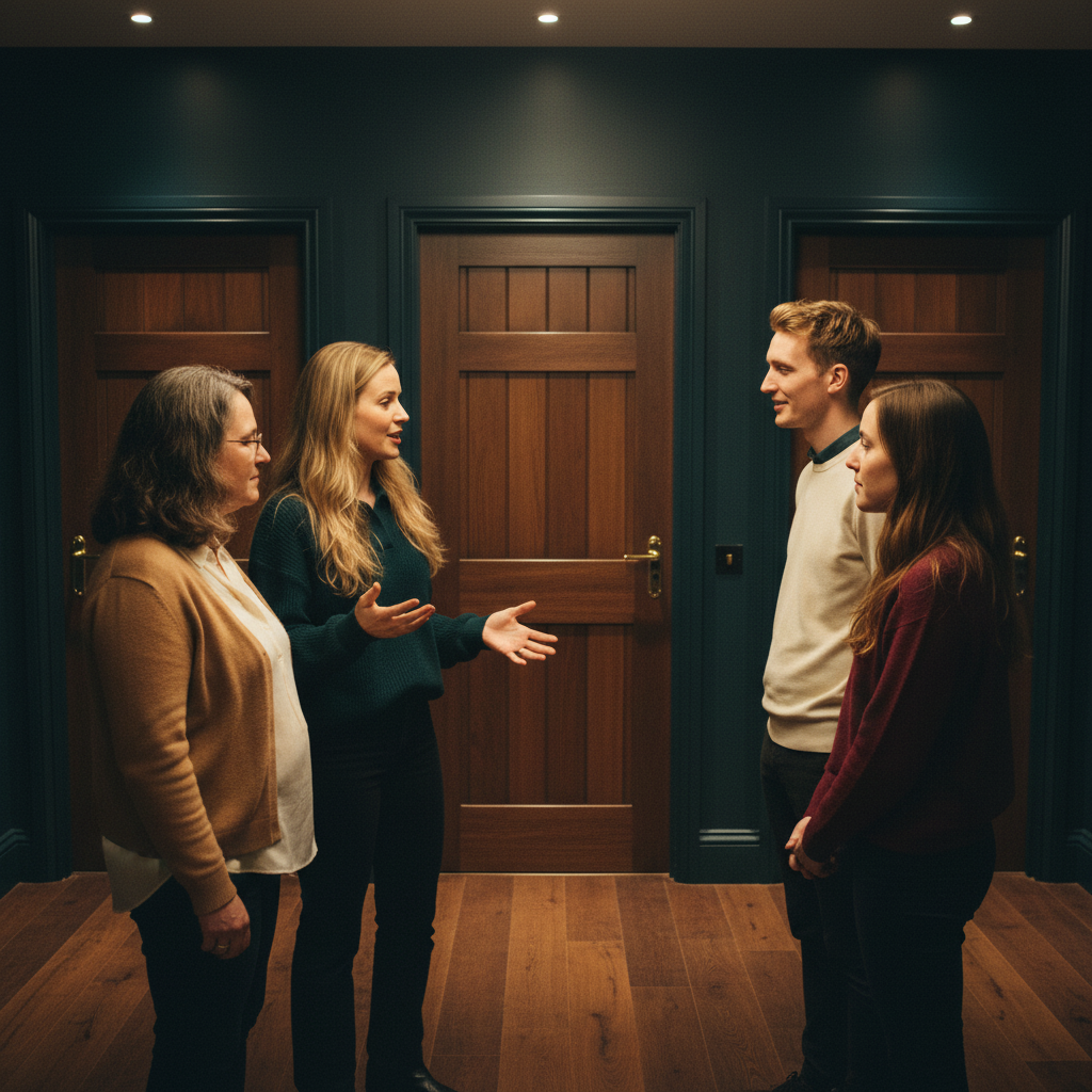 A family of four stand talking before three identical dark doors in a deep-teal antechamber, wall sconces glowing above.